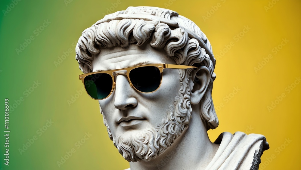 green to yellow gradient background with a close-up Greek marble head bust on party sunglasses green to yellow gradient background with a close-up Greek marble head bust on party sunglasses