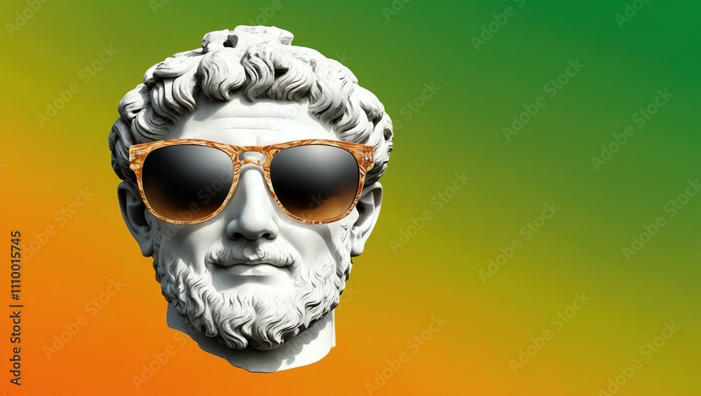 green to orange gradient background with a close-up Greek marble head bust on party sunglasses green to orange gradient background with a close-up Greek marble head bust on party sunglasses