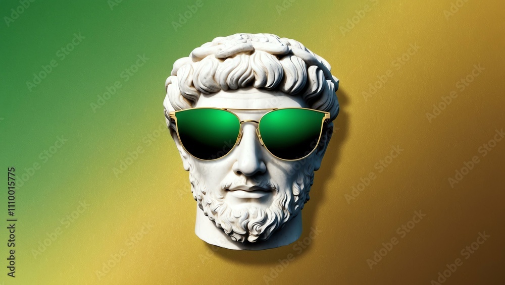 green to gold gradient background with a close-up Greek marble head bust on party sunglasses green to gold gradient background with a close-up Greek marble head bust on party sunglasses