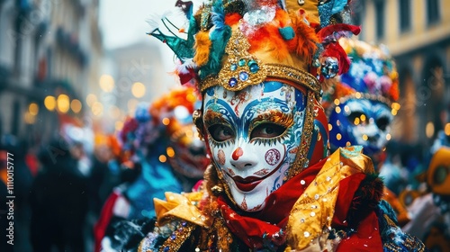 A vibrant carnival scene featuring masked individuals in colorful costumes celebrating.