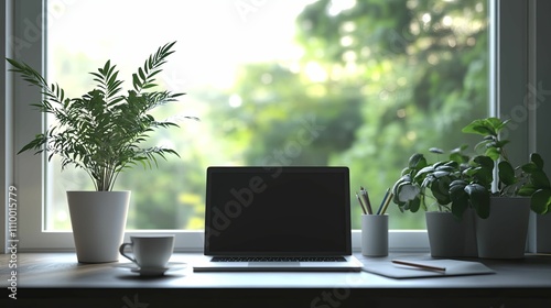 Laptop plants and coffee on a windowsill workspace