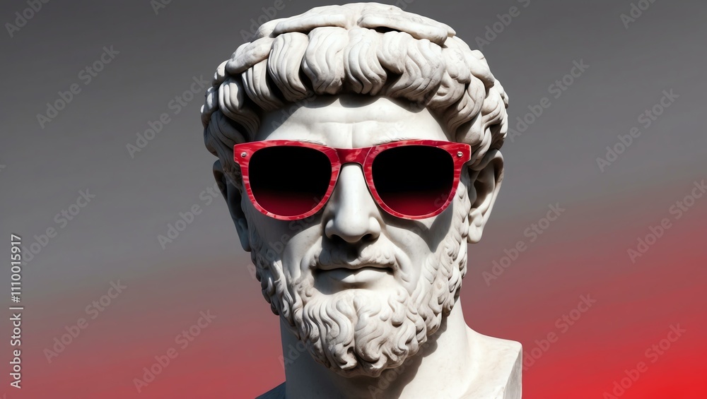 gray to red gradient background with a close-up Greek marble head bust on party sunglasses gray to red gradient background with a close-up Greek marble head bust on party sunglasses