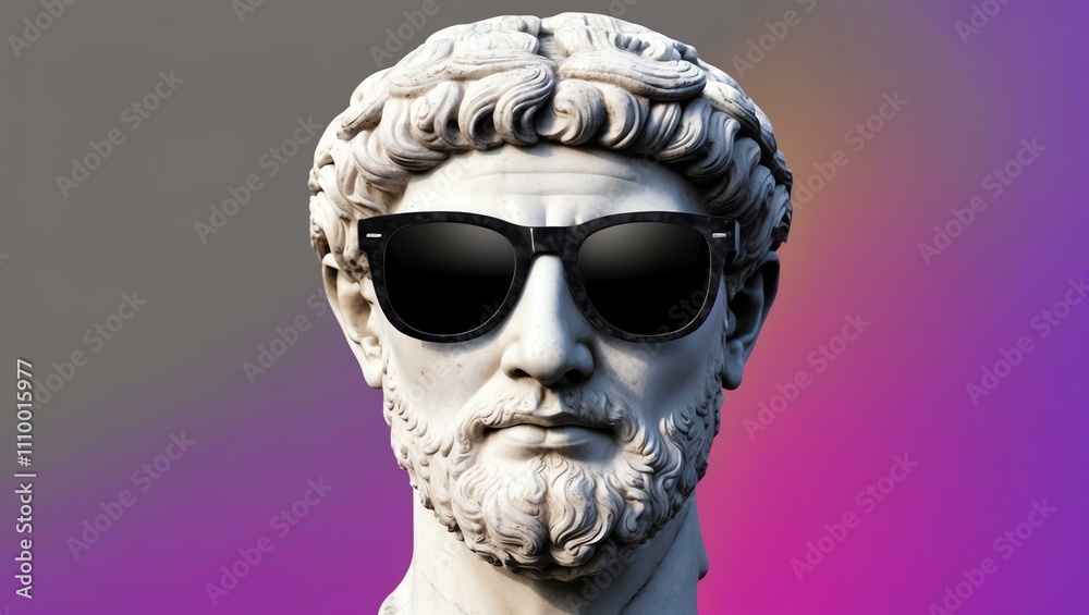 gray to purple gradient background with a close-up Greek marble head bust on party sunglasses gray to purple gradient background with a close-up Greek marble head bust on party sunglasses