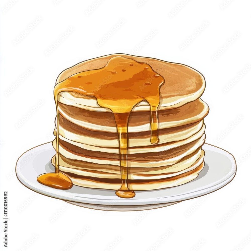 A stack of fluffy pancakes with maple syrup cascading down, isolated white background, pop art style A stack of fluffy pancakes with maple syrup cascading down, isolated white background, pop art style