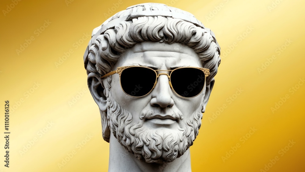 gold to yellow gradient background with a close-up Greek marble head bust on party sunglasses gold to yellow gradient background with a close-up Greek marble head bust on party sunglasses