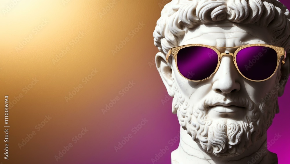 Fototapeta premium gold to purple gradient background with a close-up Greek marble head bust on party sunglasses