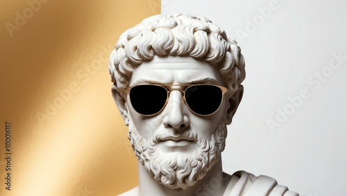 gold to white gradient background with a close-up Greek marble head bust on party sunglasses