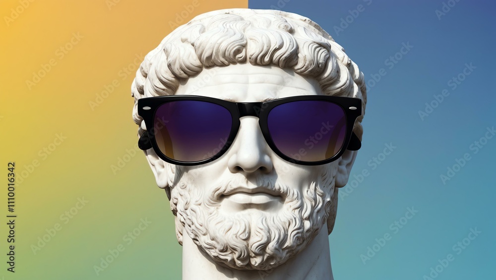 blue to yellow gradient background with a close-up Greek marble head bust on party sunglasses blue to yellow gradient background with a close-up Greek marble head bust on party sunglasses