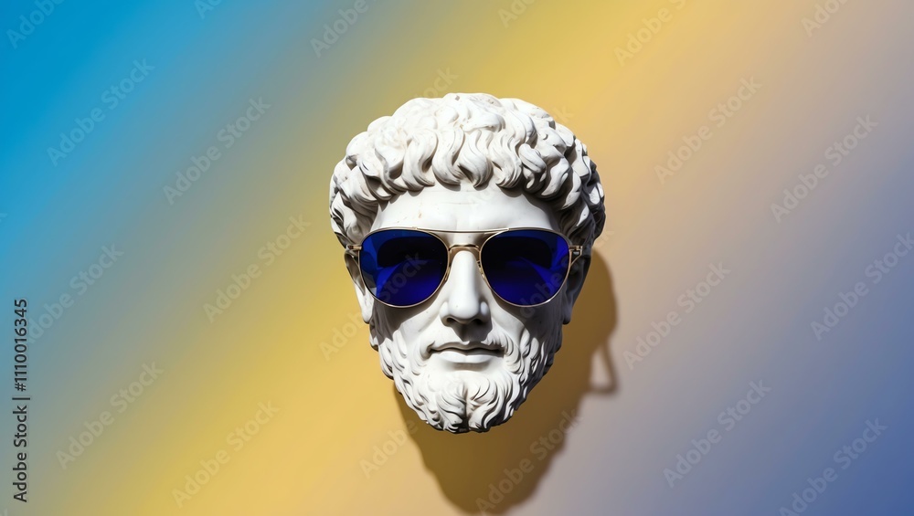 blue to yellow gradient background with a close-up Greek marble head bust on party sunglasses blue to yellow gradient background with a close-up Greek marble head bust on party sunglasses