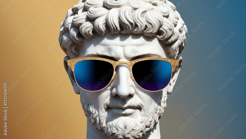 blue to gold gradient background with a close-up Greek marble head bust on party sunglasses blue to gold gradient background with a close-up Greek marble head bust on party sunglasses