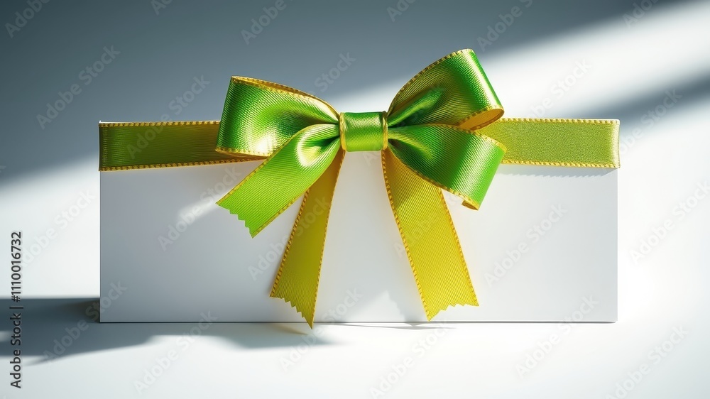 A simple white card with a green and yellow satin bow on top, a perfect blank canvas for any message A simple white card with a green and yellow satin bow on top, a perfect blank canvas for any message