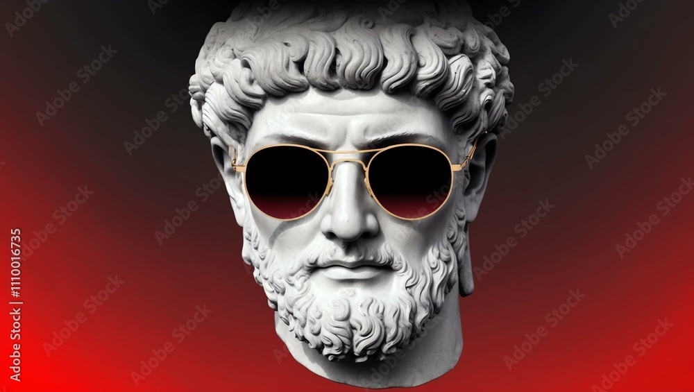 black to red gradient background with a close-up Greek marble head bust on party sunglasses black to red gradient background with a close-up Greek marble head bust on party sunglasses