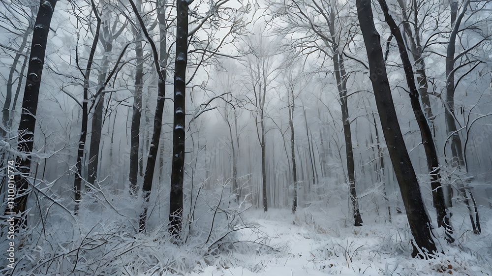 Naklejka premium Snowstorm in a Winter Forest: Mystical Snow-Covered Trees