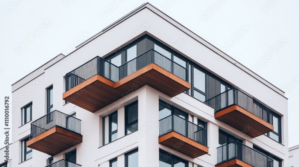 Modern Building with Unique Balconies Against Clear Sky Modern Building with Unique Balconies Against Clear Sky