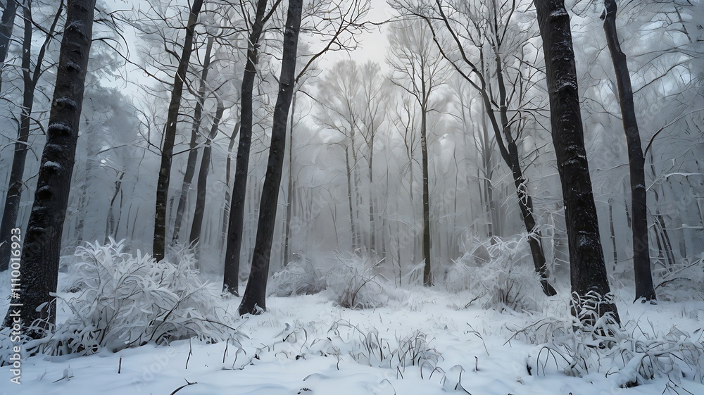 Naklejka premium Snowstorm in a Winter Forest: Mystical Snow-Covered Trees