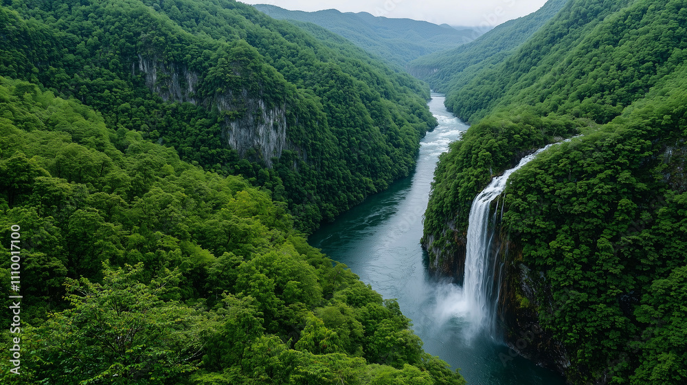 Long River and Waterfall in Green Mountains Long River and Waterfall in Green Mountains