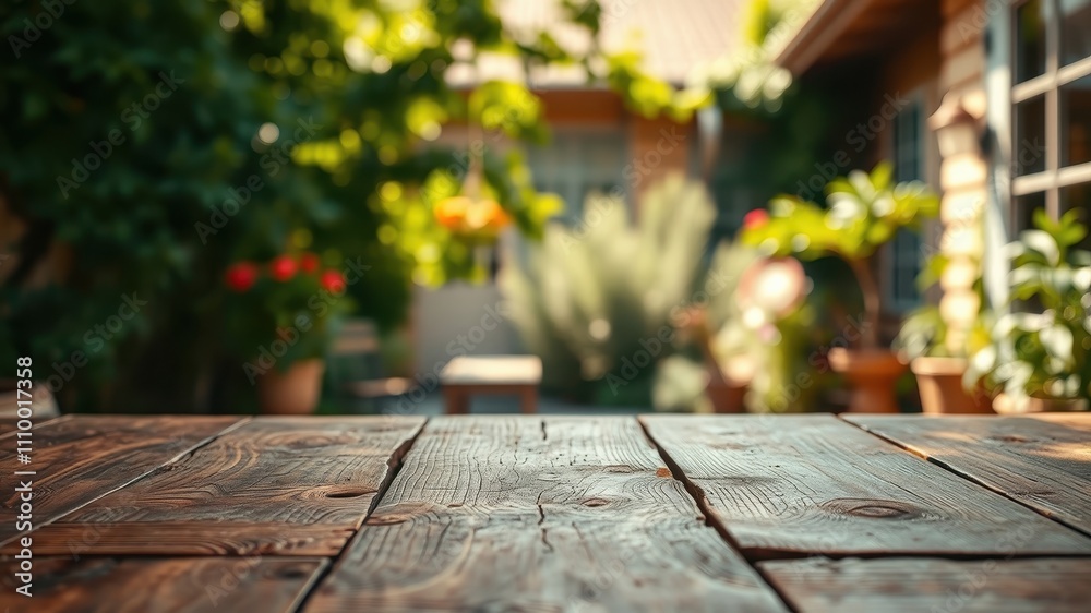 Rustic Wooden Table Top in a Garden Setting with Blurred Background of Lush Greenery and a Wooden Building Rustic Wooden Table Top in a Garden Setting with Blurred Background of Lush Greenery and a Wooden Building