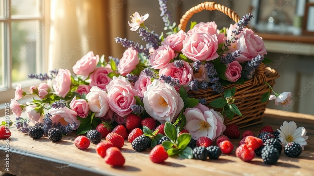 A wicker basket overflowing with delicate pink roses and lavender sprigs, spilling onto a wooden table alongside a scattering of ripe berries, bathed in the warm glow of sunlight. A wicker basket overflowing with delicate pink roses and lavender sprigs, spilling onto a wooden table alongside a scattering of ripe berries, bathed in the warm glow of sunlight.