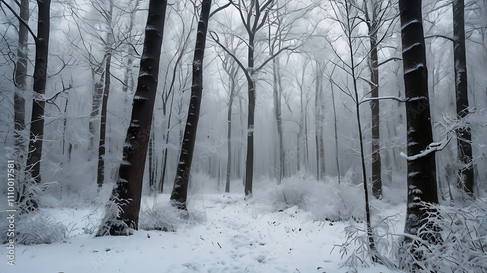 Naklejka premium Snowstorm in a Winter Forest: Mystical Snow-Covered Trees