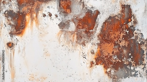 25.A weathered metal surface with extensive rust spots and streaks, contrasting against a fading white background. The rusty patches are detailed, with textures that convey age and neglect, offering photo