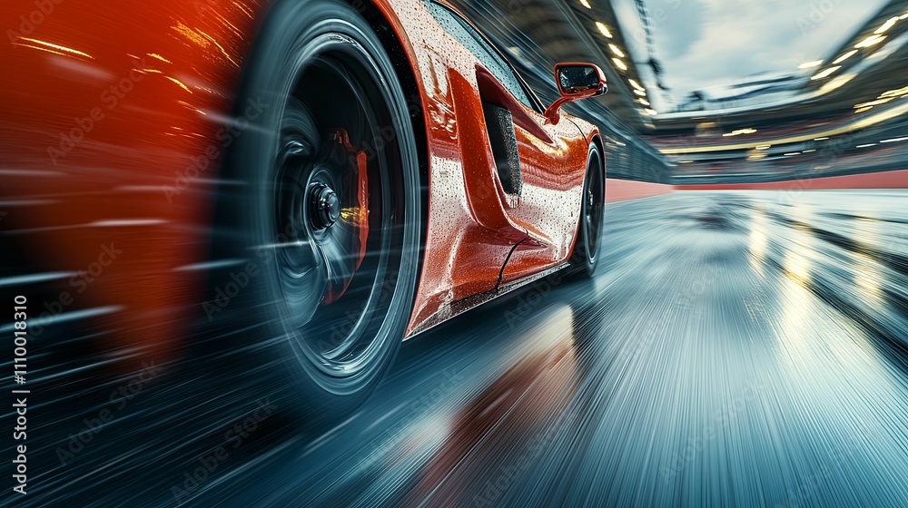 Orange Sports Car Speeding On Wet Track Orange Sports Car Speeding On Wet Track