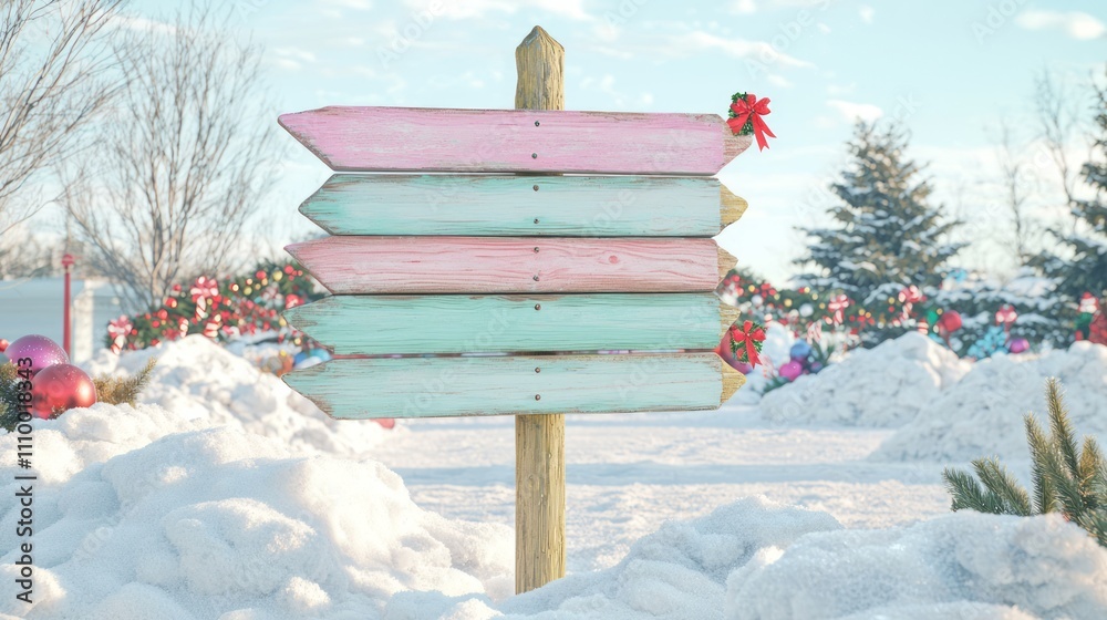 Fototapeta premium Whimsical Christmas Signpost in a Winter Wonderland Setting