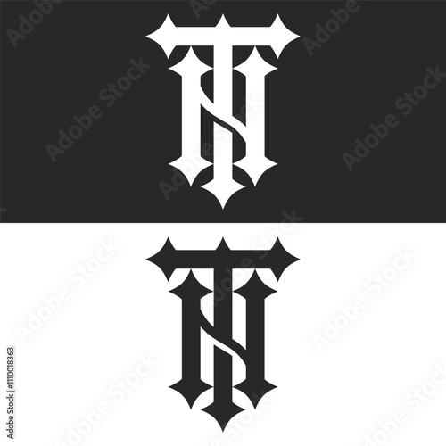 Stylish letters tn or nt monogram logo design with bold gothic typography and elegant modern black and white minimal style