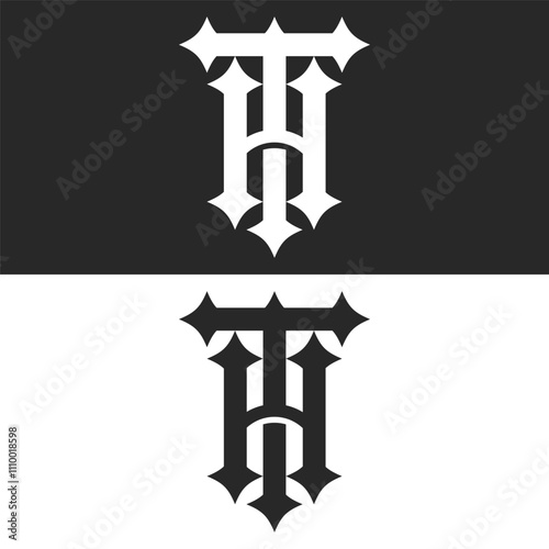 Initials TH or HT monogram letters logo with sharp edges, bold gothic serif font black and white typography for branding design, elegant identity.