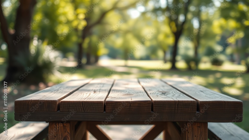 Naklejka premium Rustic wooden picnic table with blurred background of green trees and grass