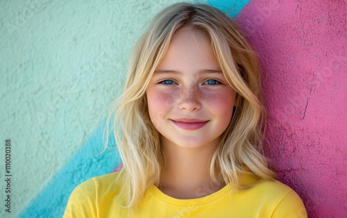 Portraits of young women in vibrant, solid colored outfits against matching plain backgrounds, each exuding cheerful confidence and youthful energy. photo