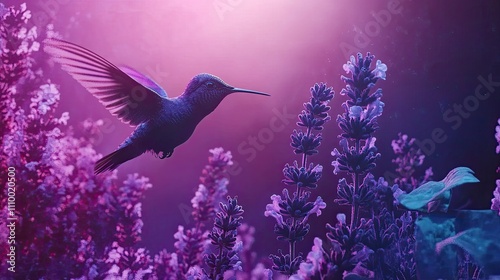 A hummingbird in flight, hovering near purple lavender flowers in a soft, ethereal light. photo