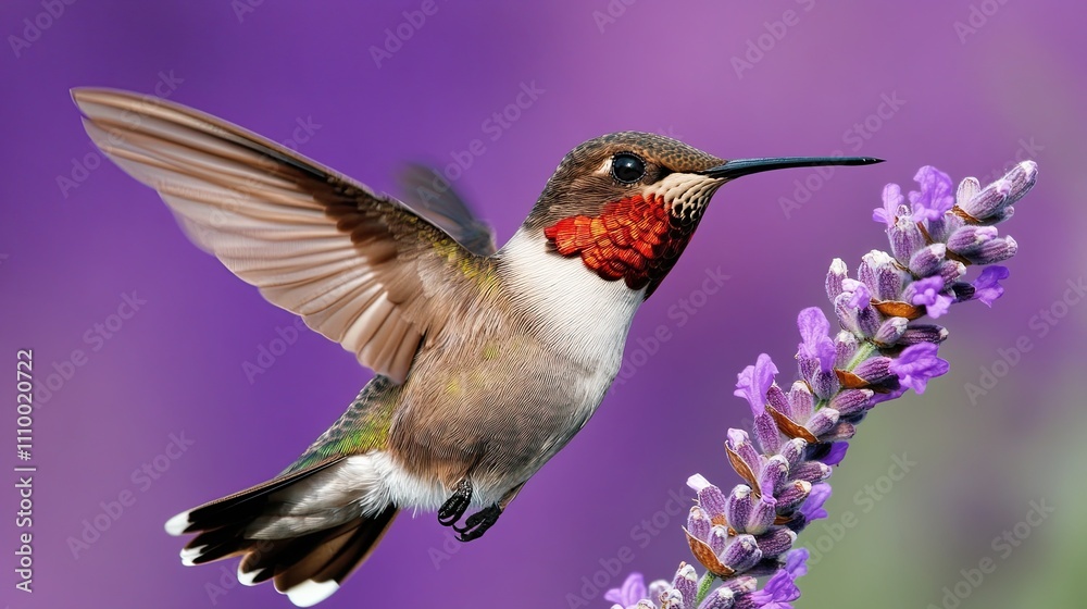 Fototapeta premium A vibrant hummingbird hovers near lavender blossoms, wings outstretched.