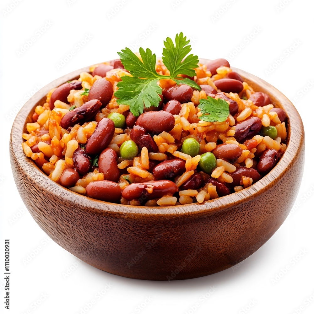Macro Side Dish of Red Beans and Rice on Wooden Bowl Isolated on White Background Macro Side Dish of Red Beans and Rice on Wooden Bowl Isolated on White Background