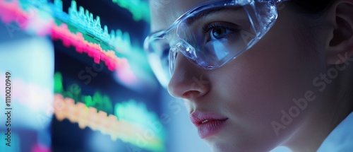 A close-up of a laboratory technician in a biochemistry lab analyzing DNA sequences using advanced genetic analysis equipment, Biochemistry lab scene, Scientific and analytical style photo