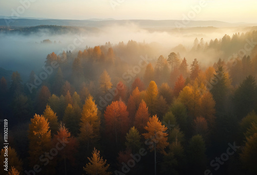  Aerial view of colorful mixed forest shrouded in morning fog on a beautiful autumn day