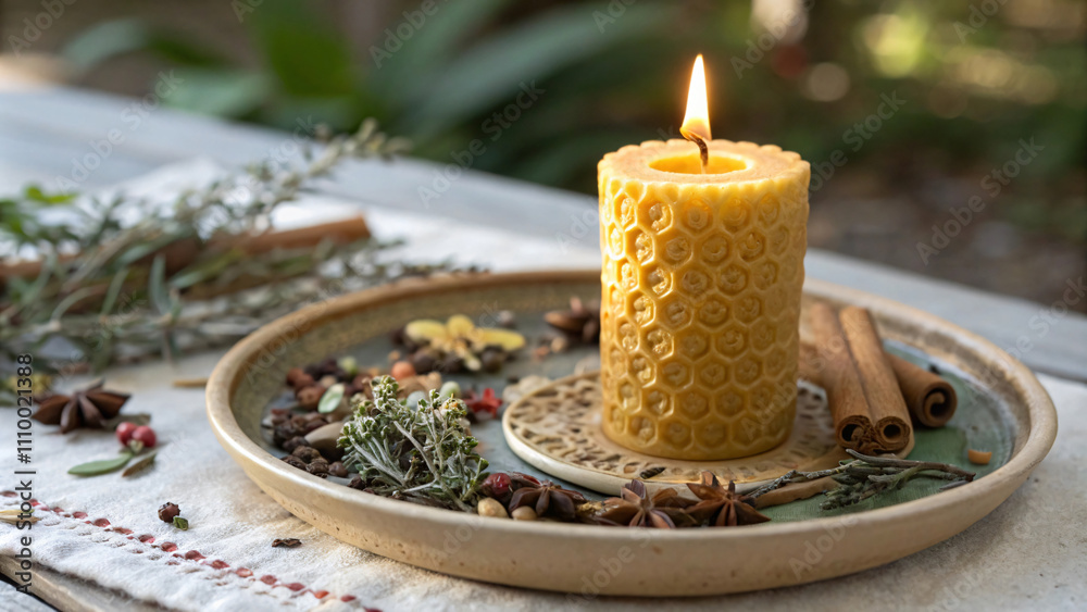 warm, inviting scene featuring honeycomb candle surrounded by aromatic spices and herbs, creating calming atmosphere perfect for relaxation