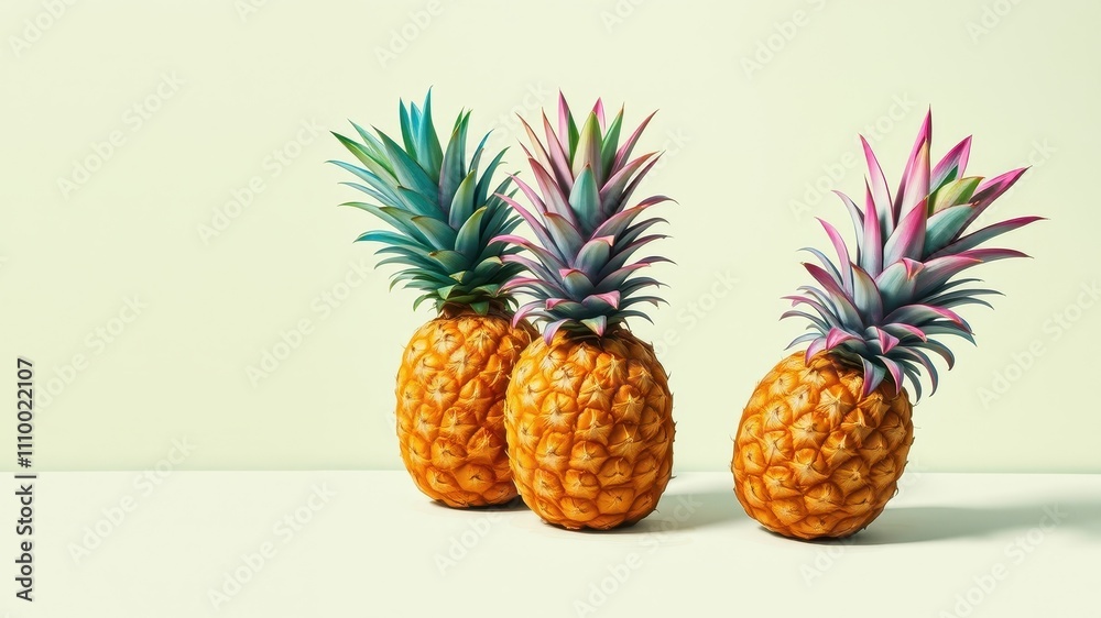 A vibrant trio of pineapples with blue and pink foliage, arranged on a minimalist white surface against a soft green background. A vibrant trio of pineapples with blue and pink foliage, arranged on a minimalist white surface against a soft green background.