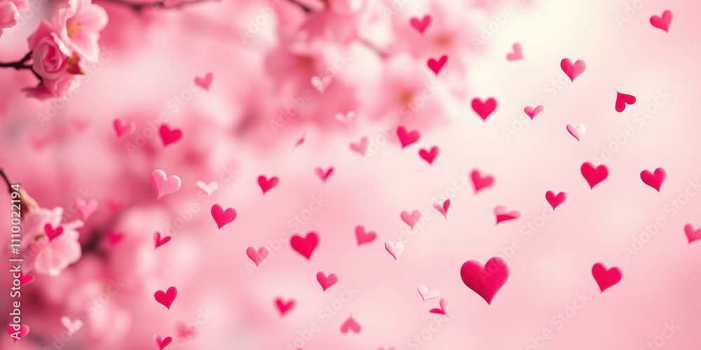 A delicate pink blossom blooms amidst a flurry of hearts, creating a vibrant scene of love and springtime joy. A delicate pink blossom blooms amidst a flurry of hearts, creating a vibrant scene of love and springtime joy.