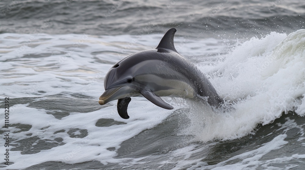 Fototapeta premium Striped dolphin leaping from ocean wave, splashing water. Perfect for marine life, wildlife, or nature documentaries.