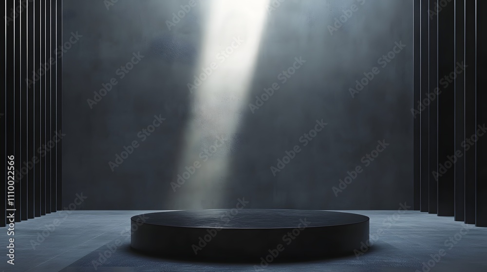 Elegant black podium in a simple studio setting, spotlight highlighting the central platform, with a clean backdrop for product display. Elegant black podium in a simple studio setting, spotlight highlighting the central platform, with a clean backdrop for product display.