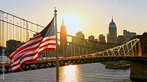 americian flag with city bridge at sunset. generative ai photo