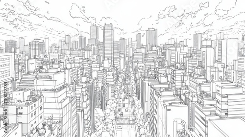 Bustling Cityscape Coloring Book, Bustling Cityscape with Skyscrapers and Tiny Cars