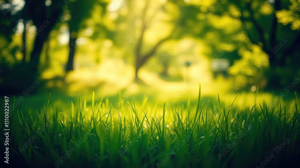 Close-up of a lush grassy field with a blurred background of trees and sunlight streaming through the foliage. Close-up of a lush grassy field with a blurred background of trees and sunlight streaming through the foliage.