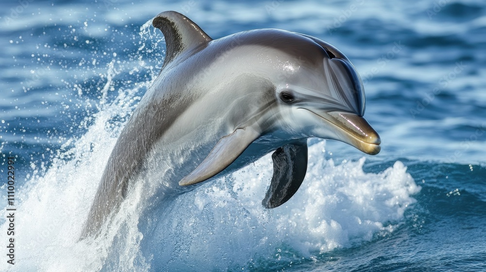 Obraz premium Striped dolphin leaping from ocean waves, splashing water. Perfect for marine life, wildlife, ocean, and nature documentaries or websites.