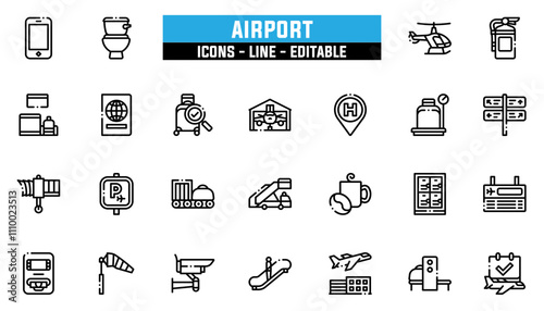 Set of 25 line icons airport. Editable stroke. Vector illustration
