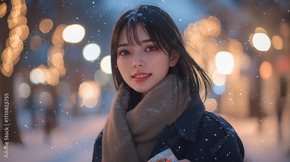 young Asian female, comes running through a snowy street at night. Her expression is filled with happiness and excitement, young Asian female, comes running through a snowy street at night. Her expression is filled with happiness and excitement,