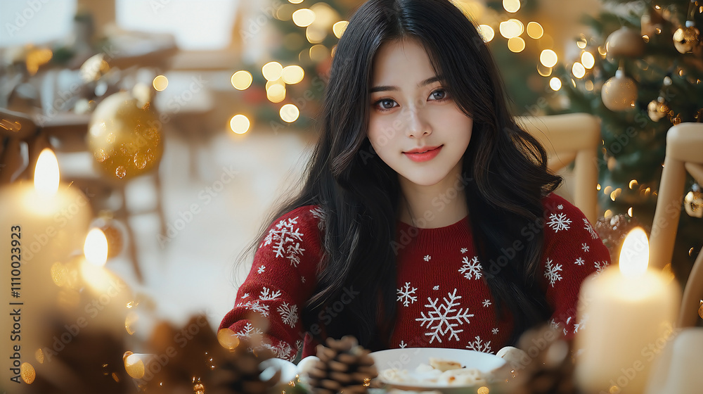 a young Asian woman sitting alone on a polished wooden floor, wearing a playful red sweater with reindeer prints,floating Christmas ornaments, gift boxes, and snowflakes create a surreal festive a young Asian woman sitting alone on a polished wooden floor, wearing a playful red sweater with reindeer prints,floating Christmas ornaments, gift boxes, and snowflakes create a surreal festive
