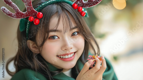 Asian girl wearing reindeer antlers, her face lit up with a wide, happy grin. focus on her bright eyes and the mischievous joy in her expression photo