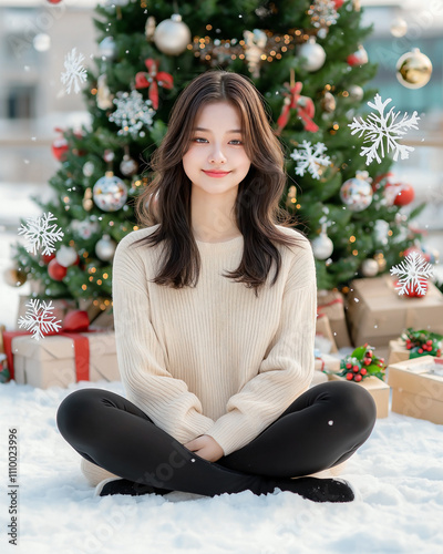 a young Asian woman sits cross-legged on the snowy ground, in front of a beautifully decorated Christmas tree. gift boxes, shiny ornaments, and snowflakes float in mid-air,  photo