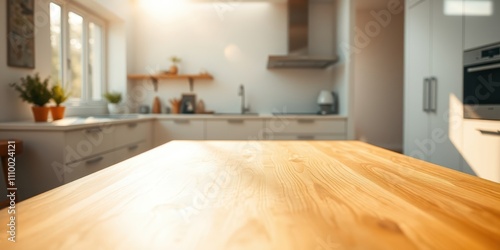 A Close-up of a Smooth Wooden Tabletop with Blurred Background of a Kitchen with Sunlight Streaming Through a Window